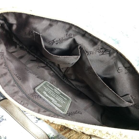 Fossil Tan Tapestry & Gold Leather Trim Satchel - Picture 9 of 12